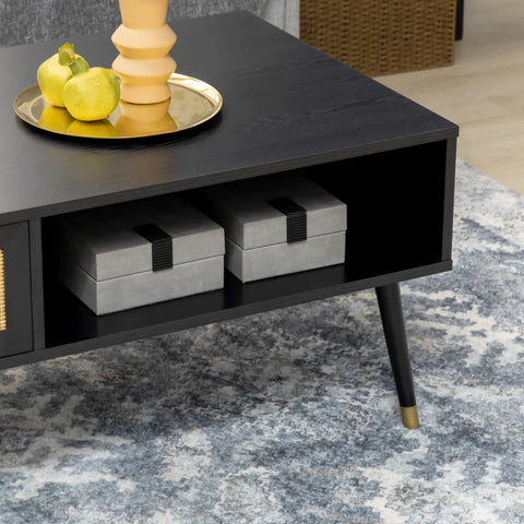 Rootz Coffee Table - Boho Design - 1 Drawer - 2 Compartments - Living Room Table - Rattan Element - Black + Natural - 120L x 59W x 45H cm