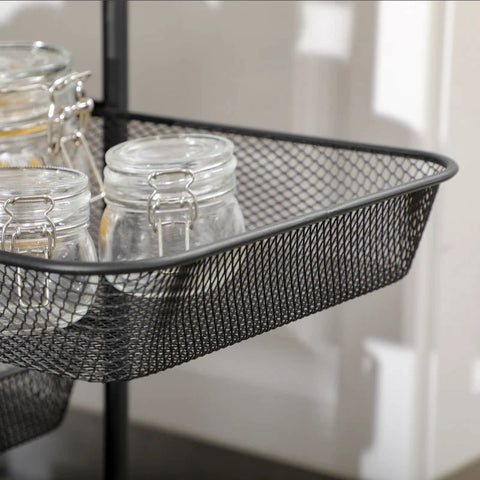 Rootz Serving Trolley - 4 Compartments - 1 Table Top - 4 Wheels With 2 Brakes - Steel Frame - Black - 41.5 x 31 x 66 cm