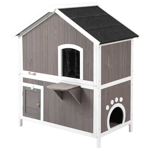 Rootz Cat House - Cat Hut - Cat Cave - Cat Villa - Small Animal House - With Platform - Weatherproof - Fir Wood - Grey - 100 x 62.5 x 119 cm