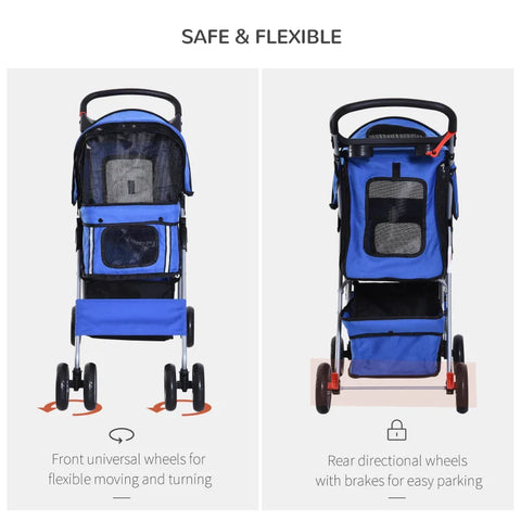 Rootz Dog Stroller - Pet Stroller - Dog Buggy - Dog Stroller For Travel - Foldable Pet Stroller - Dog Travel Buggy - Compact Pet Carriage - Blue - 75L x 45W x 97H cm