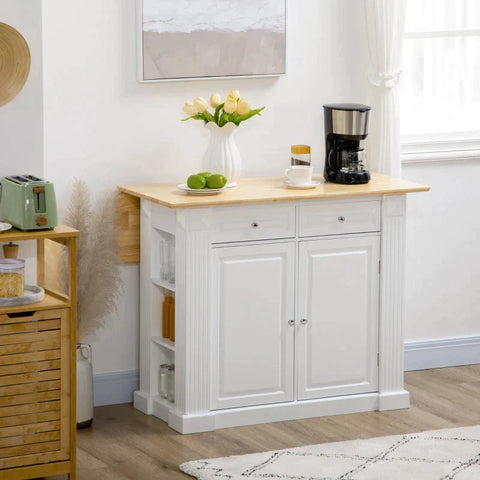 Rootz Kitchen Island - Kitchen Cabinet - 2 Cabinets - 2 Drawers - 6 Spice Racks - MDF/Rubber Wood - Natural/White - 108cm x 78.4cm x 84cm