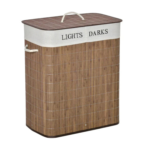 Rootz Wasmand - Wasmand met 3 Handvatten - Wasbare Waszak - Uitneembare Bamboe - Polyester Katoen - Bruin/Wit - 52 x 32 x 63 cm