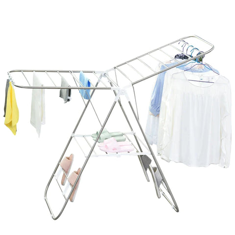 Rootz Folding Clothes Airer - Portable Wing Clothes Dryer - Stand Dryer with Telescopic Rods - Stainless Steel - Plastic - Silver - White - 146 x 60.5 x 98 cm