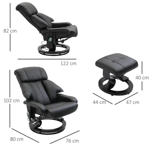 Rootz Massage Chair - Footstool - 10 Vibration Points - 145° Adjustable Backrest - Elegant+smooth - Faux Leather - Black - 76L x 80W x 102H cm