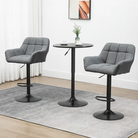 Rootz Bar Stool - Set Of 2 Bar Stool - Retro Design - Height Adjustable - Imitation Leather - Linen Look - Grey + Black - 57.5L x 52.5W x 93-114H cm