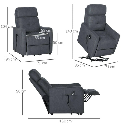 Rootz Electric Recliner - Tv Chair - Armchair With Stand-up Aid - Stand-up Chair With Reclining Function And Remote Control - Polyester Fabric - Steel - Grey - 71 x 94 x 104 cm