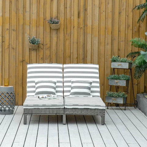 Rootz Sonnenliege – Doppelliege mit verstellbaren Rückenlehnen – Rattan-Optik – Grau + Weiß – 196 x 120 x 28 cm