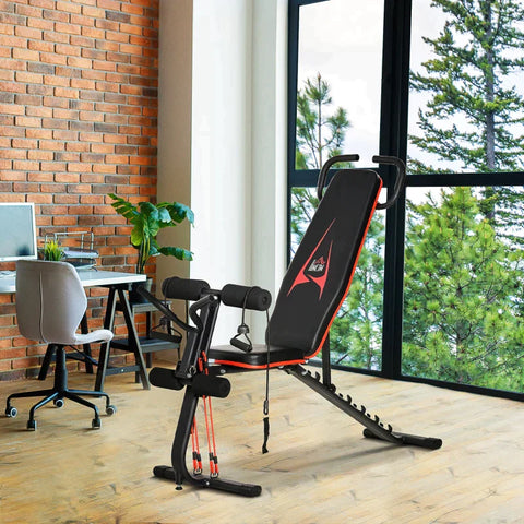 Rootz halterbank - verstelbare trainingsbank met elastisch touw - zitbank voor thuistraining - 6 niveaus - helling van de rugleuning - gewicht tot 150 kg - synthetisch leer - zwart en rood - 145 x 49 x 57-127 cm