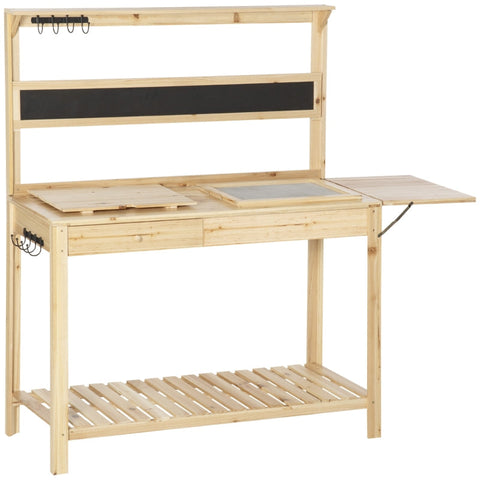 Rootz Planting Table - Gardening Table With 8 Hooks Drawer Shelf - Flower Table - Garden - Patio - Natural - 151 x 45.5 x 143 cm