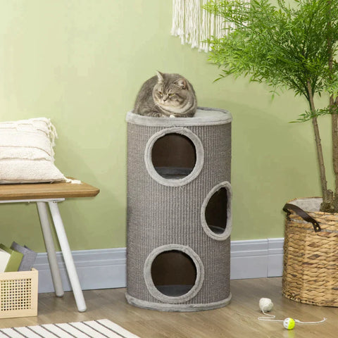 Rootz Scratch Barrel - Scratching Barrel - 3 Tier Scratcher Barrel - Includes Sisal Rope - Scratcher Pad - Cat Scratcher - Light Gray - 38cm x 38cm x 70cm