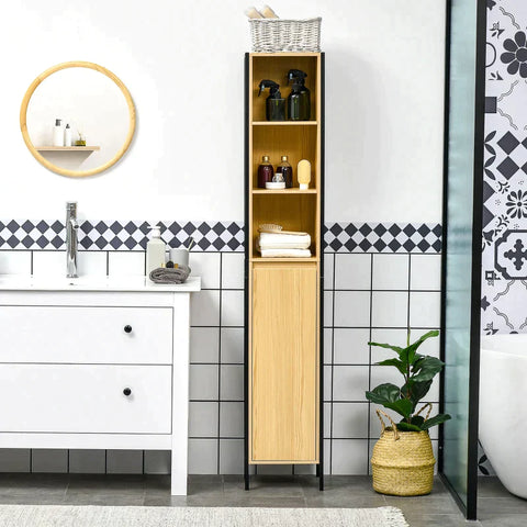 Rootz Bathroom Cabinet - Industrial Designed - 1 Cabinet - 3 Shelves - Black + Brown - 30cm x 28cm x 168cm