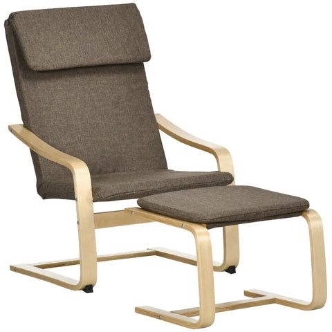 Rootz Fauteuil met Voetenbank - Fauteuilset - Relaxstoel - Linnenlook - Massief Hout - Bruin + Naturel - 67B x 72D x 100H cm
