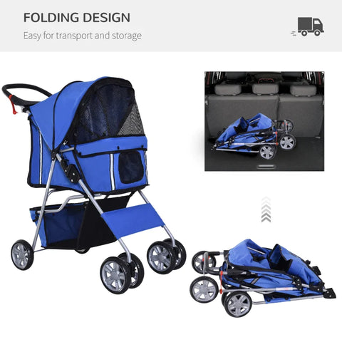 Rootz Dog Stroller - Pet Stroller - Dog Buggy - Dog Stroller For Travel - Foldable Pet Stroller - Dog Travel Buggy - Compact Pet Carriage - Blue - 75L x 45W x 97H cm