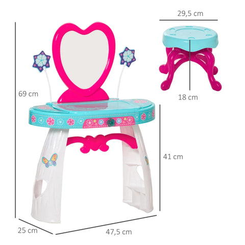 Rootz Children's Dressing Table - With Drawers - Wide Range Of Accessories - Dressing Table With Stool - Light For Girls Aged 3 And Over - Cosmetic Mirror - Sea Blue + White - 49.5 x 25 x 69 cm