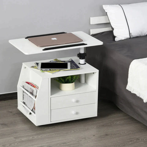 Rootz Side Trolley - Side Table - Flexible Tabletop - 2 Drawers - Newspaper Compartment - 4 Wheels - White - 60 x 40 x 90 cm