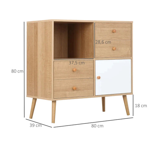 Rootz Sideboard - Free-standing Cabinet - Scandi Style Wardrobe - 4 Drawers And 2 Shelves - Kitchen - Bedroom - Living Room - Entryway - Natural + White - 80cm x 39cm x 80cm