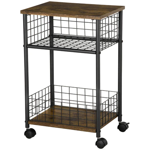 Rootz Kitchen Trolley - Serving Trolley - Industrial Design - 1 Shelf 1 Storage Basket 4 Wheels - Chipboard/Steel - Black/Brown - 40 cm x 30 cm x 62 cm