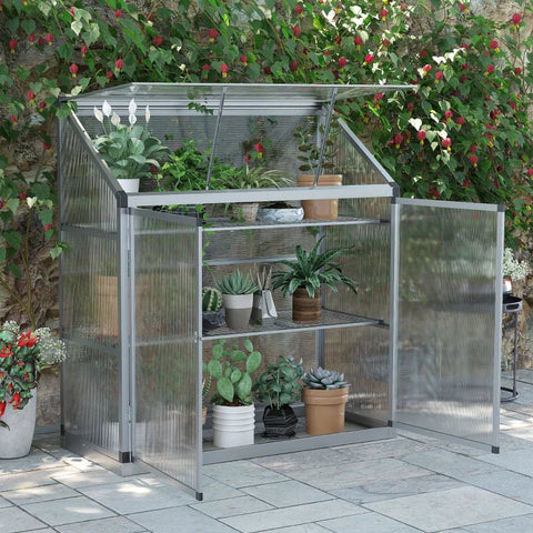 Rootz Greenhouse with Foundation Frame - Polycarbonate Housing - 2 Shelves - Aluminum Frame - Silver - 131 x 58 x 139.5 cm