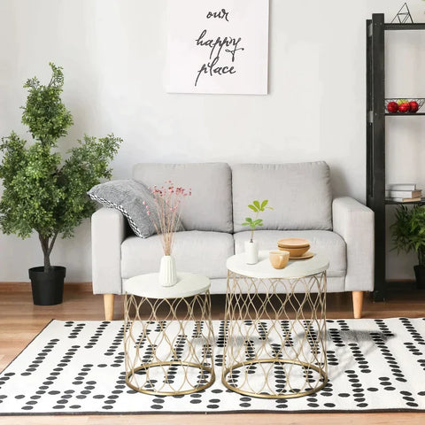 Rootz Patio Table - Garden Table - Side Table - Coffee Table - Marble & Gold Effect - Steel - Gold/White - 41 x 46cm & 35 x 38.5cm