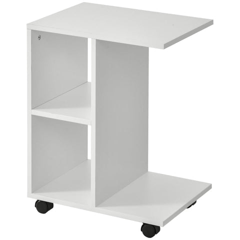 Rootz C Shape Side Table - Coffee Table - Stand Table - Corner Desk -Portable Sofa Table with Shelf - Wheels for Small Area - E1 Chipboard - White - 45 x 35 x 58 cm