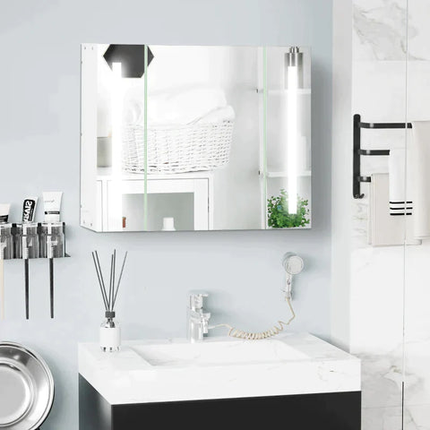 Rootz Mirror Cabinet - Bathroom Cabinet With LED Lighting - 3 Mirrored Doors - White - 90 × 15 × 65 cm