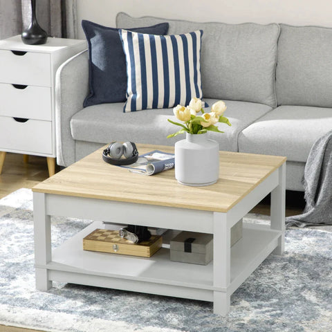 Rootz Coffee Table - Side Table - Square Table Slat - Lower Shelf - Wood Look - Chipboard - Gray - 80 x 80 x 42.5 cm