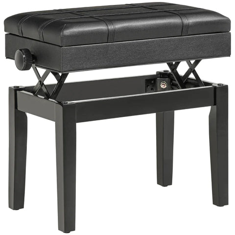 Rootz Piano Bench - Elegant Design - Hidden - Black Painted Wood - Storage Stool - Adjustable Seat Height - Faux Leather - Black - 63L x 35W x 46-56H cm