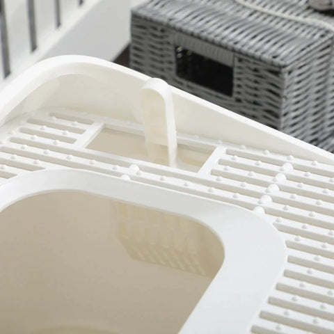 Rootz Cat Litter Box - With Cover - Including Scoop - Front And Top Entry - White + Gray - 43L x 54W x 41H cm