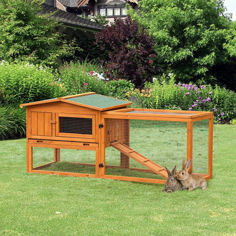 Rootz Small Animal Hutch - Rabbit Hutch - Rabbit Hutch And Run - Bunny Cage - Wooden Guinea Pig Hide House - With Sliding Tray - Fir Wood - Golden Red - 156 x 58 x 68cm