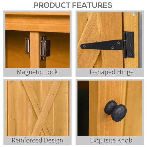 Rootz Garden Shed - Wooden Garden Storage Shed - Fir Tool Cabinet - Organizer With Shelves - Double Door - Asphalt Roof - Natural - 110 x 55 x117 cm