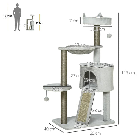 Rootz Scratching Post - Cat Cave - Cat Bed - Cat Hammock and Toys - Light Grey - 60cm x 40cm x 113cm