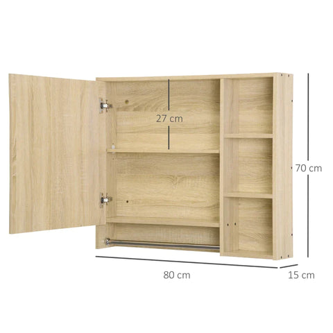 Rootz Badkamermeubel - Spiegelkast - Hangkast - Wandkast - Badkamermeubel - Multifunctionele Kast - Met Open Compartimenten - Badkamer Spaanplaat - Naturel - 80 x 15 x 70 cm
