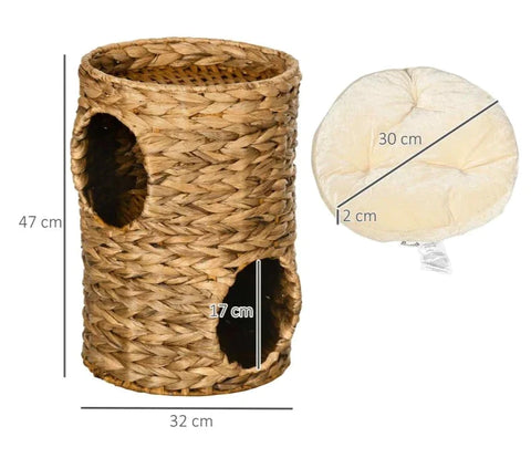 Rootz Cat Tower - Scratching Posts - Cat Cave With 2 Separate Caves - 1 Lying Surface - Water Hyacinth - Natural - 32L x 32W x 47H cm