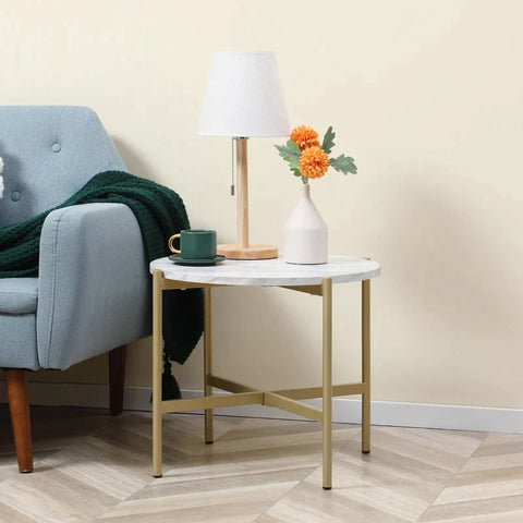 Rootz Side Table - Industrial Design - Table Top In Marble Look - Gold + White - 55 cm x 55 cm x 45 cm