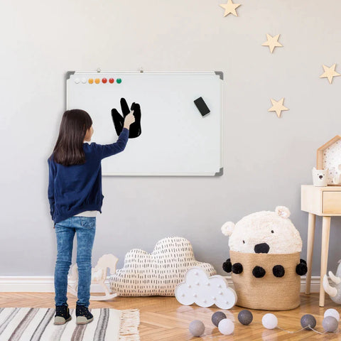 Rootz Whiteboard - Magnetic Board - Note Board - Including Accessories - 4 Pens - 1 Sponge - 10 Magnets - Aluminum Frame - White + Silver - 90L x 1,8B x 60H cm