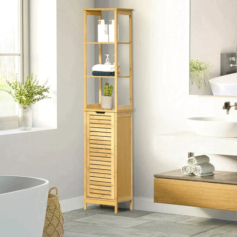 Rootz Bathroom Cabinet - Tall Cabinet - Bathroom Floor Cabinet - Three Shelves - One Cabinet Compartment - With Louvered Door - Natural - 34 x 30 x 173cm