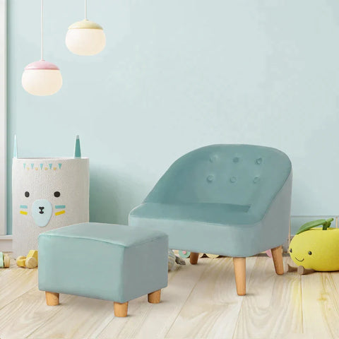 Rootz Armchair - Children's Armchair - With Ottoman - For 3 To 5 Years Children - Cute Design - Velvet Look Armchair - Green - 51 cm x 51 cm x 50 cm