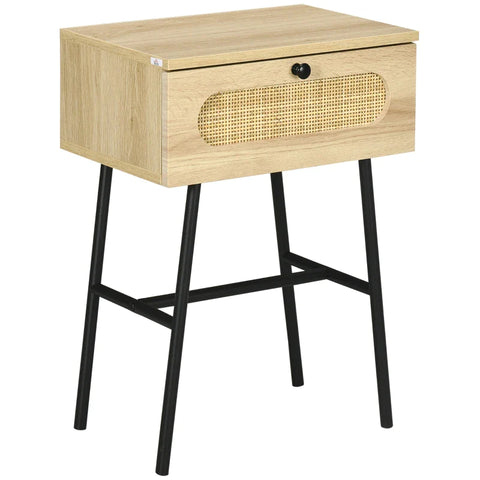 Rootz Side Table With Drawer - Rattan Decor - Natural Wood Look - Chipboard - Natural Wood - 45 x 29 x 61.5cm