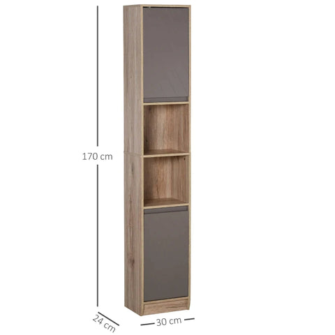 Rootz Bathroom Shelf - Bathroom Cabinet - Kitchen Cabinet - 2 Door Cabinets - 2 Open Shelves - Chipboard + MDF - Gray + Natural - 30 x 24 x 170cm