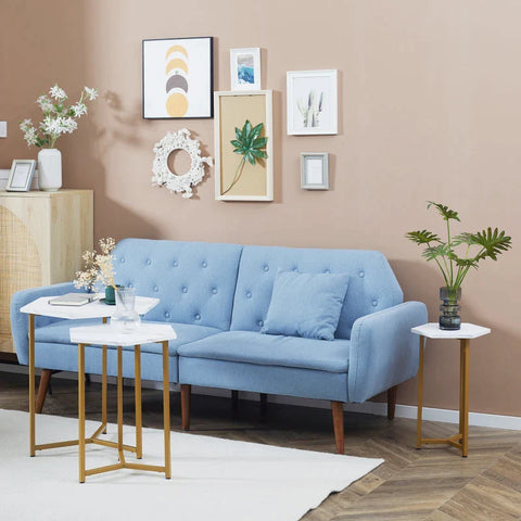 Rootz Set of 3 Side Tables - Art Deco - Marble Effect - Stackable Bedside Table - Coffee Table - White + Gold - 61L x 52.5W x 63H cm