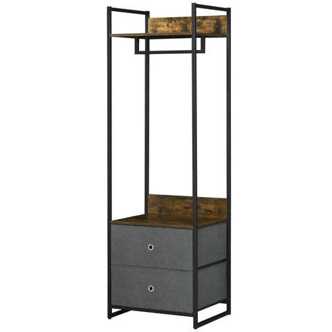 Rootz Kapstok - Kledingstang - Metalen Kapstok - Kledingrek met 2 Stoffen Opberglades - 2 Lades 1 Hangrail - Zwart + Bruin + Grijs - 58cm x 46cm x 185cm
