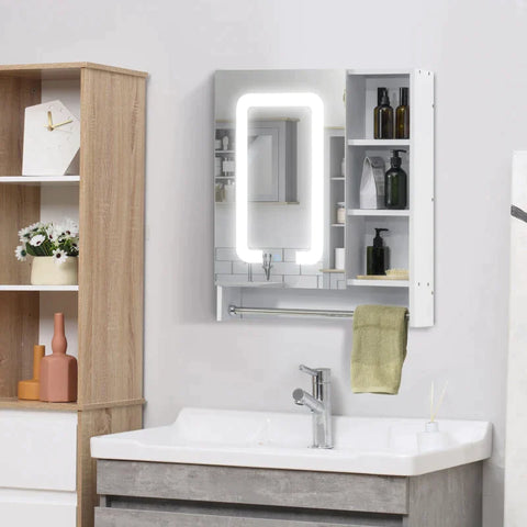 Rootz Mirror Cabinet - Bathroom Cabinet With Led Lighting - Touch Control - Towel Rail - White - 60 x 15 x 69 cm