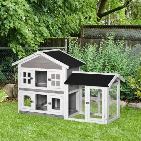 Rootz Konijnenhok - Knaagdierenhok - 2 niveaus - Dennenhout - Buiten Binnen Kooi voor kleine dieren - Verwijderbare vloerbak - Grijs + Zwart + Wit - 150 x 55 x 91 cm