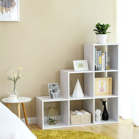 Rootz Stair Shelf - Freestanding Stair Shelf With 6 Compartments - Refined Shelf - Floating Staircase Shelf - Modern Stair Storage - Wall-mounted - Chipboard - Melamine Veneer - White - 97.5 x 97.5 x 29 cm (W x H x D)
