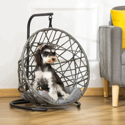 Rootz Hondenhok - Rotan Hondenhok met Kussen - Dierenbed - Kattenhuis - Kattenmand - Kattenhol - Hangstoel - Hangmat voor honden - Grijs + Zwart - 60 x 53 x 76 cm