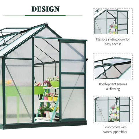 Rootz Greenhouse - Helder Polycarbonaat Greenhouse - Grote Walk-in Green House - Aluminium/PC Board - Groen/Transparant - 190L x 252B x 201H (cm)