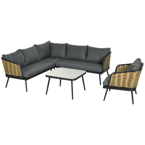 Rootz Garden Furniture Set - For 5 People - Rattan Seating Group With Cushions - Balcony Furniture - Corner Sofa - Armchair - Coffee Table - Grey - 123L x 49W x 47H cm