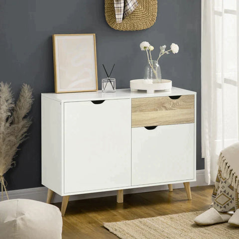 Rootz Storage Cabinet - Chest Of Drawers - Sideboard - 1 Drawer - 2 Cabinet Compartments With Shelves - White + Wood - 98.5 x 39 x 79.5 cm