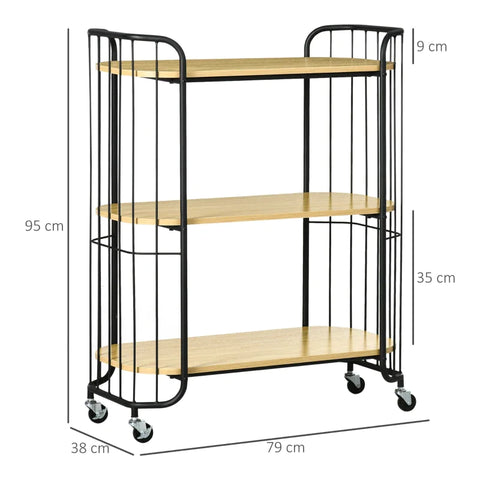 Rootz Industrial Design Kitchen Trolley - with 3 Shelves - Multi-Purpose Trolley - Serving Trolley - 4 Wheels - Chipboard - Brown + Black - 79L x 39W x 95H cm