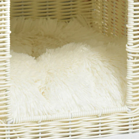 Rootz Kattenhuis - Kattenhol met Kussen - Kattenslaapplaats - Rotan Kattenmand - Kattenhut - Kattenbed - Dierenbed - Beige + Wit + Natuur - 36 x 36 x 40 cm